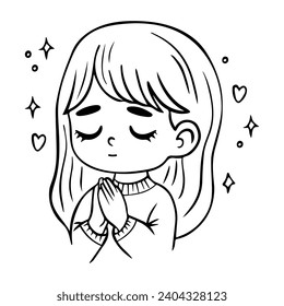 Portrait cute praying little girl with long hair. Vector illustration. Linear hand drawing, coloring book. Religious believer child character concept. Kids collection