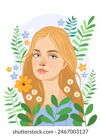 Portrait of a cute pretty blonde girl surrounded by flowers. Female portrait, vector illustration. A stylish portrait of a woman. Ecological, natural concept. Sketch.