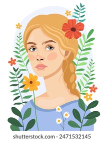 Portrait of a cute pretty blonde girl surrounded by spring flowers. Female portrait, vector illustration. Ecological, natural concept. Sketch.