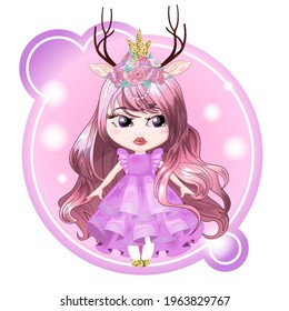 Portrait of a cute princess girl with deer horns on her head in a festive dress. Teenage girl dressed as a deer beast. Sticker beautiful little queen on a lilac background