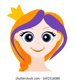 Portrait of a cute princess with red hair. Vector illustration.  Isolated on white background. Modern character. Girl teenager with a crown and purple strands in her hair.