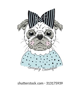  portrait of cute pug doggy hipster girl, hand drawn graphic, kid print