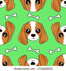 Portrait des süßen Welpen Cavalier King Charles Spaniel Hund auf grünem Hintergrund. Vektorgrafik.