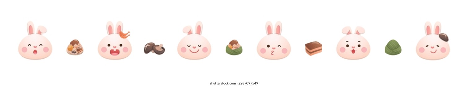 Portrait of cute rabbit mascot, elements of Chinese Dragon Boat Festival, rice dumplings with mushrooms and pork