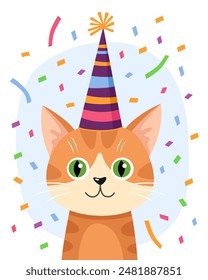 Retrato de un lindo gato rojo en una gorra festiva púrpura. Gatito naranja con ojos verdes. Fondo azul claro y blanco, confeti multicolor. Tarjeta de cumpleaños. Lindo dibujo animado.