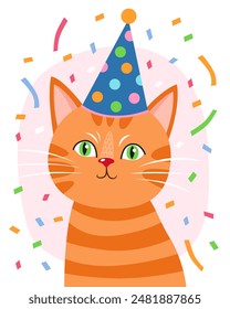 Portrait of a cute red kitten in a festive blue cap. Orange tabby cat with green eyes. Light pink and white background, multicolored confetti. Birthday card. Cute cartoon illustration.