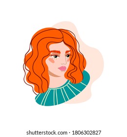 Portrait of a cute red-haired girl with fair skin color in a cartoon style. Green eyes, wavy hair. Isolated background. Hand-drawn vector. For avatars, cosmetic brands, product advertising