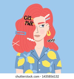 Portrait of the cute red-haired girl with trendy hair clips. Vector illustration in cartoon style.