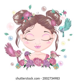 Portrait of a cute and romantic girl with closed eyes and flowers. Illustration vector graphics