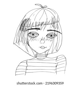 Portrait Of A Cute Sad Girl. Illustration In The Style Of Children's Drawing, Vector Image. A Girl With Big Eyes And Freckles.