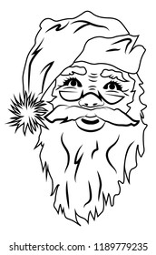 Portrait of cute Santa Claus with beard and glasses. Wall art and window design. Black silhouette isolated on white background. Line drawing. Simple  Illustration.