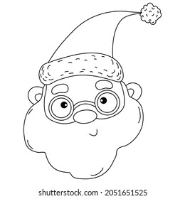 Portrait cute Santa Claus In glasses and hat. outline illustration. Vector christmas character for holiday decor and design, Print and greeting card