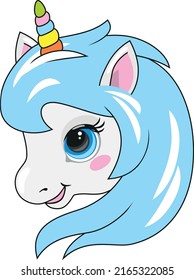 Portrait of a cute smiling unicorn. Cartoon drawing. Vector