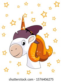 Portrait of cute smiling unicorn with witch hat and stars over white background. Halloween theme