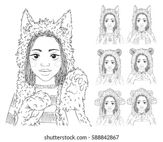 Portrait of a cute teenage girl with african braids in different variants of animal hats. Cat, Bear and Sheep. Love and Peace signs by hands. Vector illustration in hand drawn sketch style. Set.