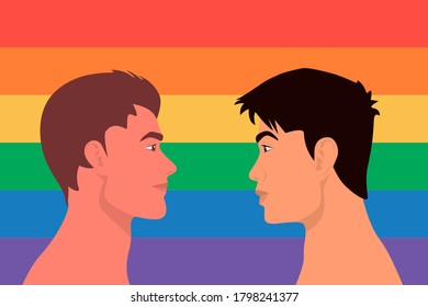Retrato de dos jóvenes guapos, parejas gays mirándose el uno al otro sobre el fondo de la bandera LGBT. Pareja romántica, concepto de relación homosexual. Amor, Día de San Valentín. Caricatura vectorial, de estilo plano. Vista lateral