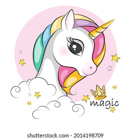 Portrait of cute unicorn .Beautiful picture for your design. Children background. Magic pony.  Hand drawn illustration  on white. Isolated.