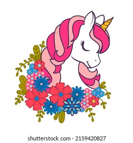 Portrait of a cute unicorn with closed eyes in flowers isolated on white background. Vector illustration for t-shirt and stickers