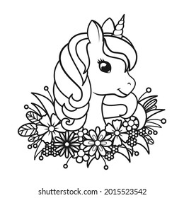 Portrait of a cute unicorn in flowers. Page for coloring book. Vector linear illustration isolated on white won