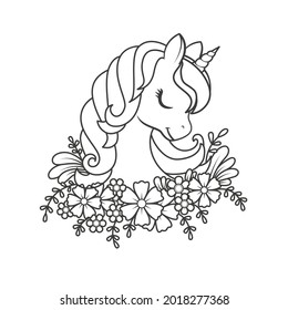 Portrait of a cute unicorn in flowers. Page for coloring book. Vector linear illustration isolated on white background