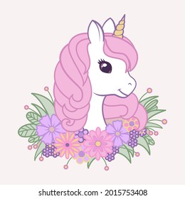 Portrait of a cute unicorn in flowers. Vector linear illustration for t-shirt and stickers