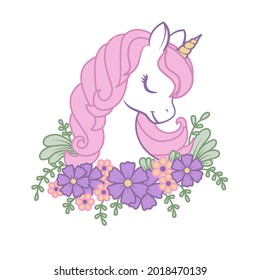 Portrait of a cute unicorn in flowers. Vector linear illustration for t-shirt and stickers