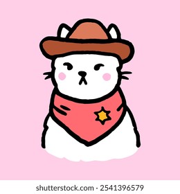 Portrait of a cute white cat in a cowboy costume. Vector hand-drawn illustration in doodle style. Perfect for cards, stickers, decorations, print, logo and various designs.