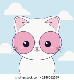 Portrait of the cute white cat in pink glasses.  Humor greeting card, t-shirt composition, hand drawn style print. Vector illustration.