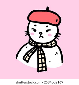 Portrait of a cute white cat in a red beret and scarf. Vector hand-drawn illustration in doodle style. Perfect for cards, stickers, decorations, logo and various designs.