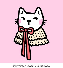 Portrait of a cute white cat in a ruffled collar and a bow. Vector hand-drawn illustration in doodle style. Perfect for cards, stickers, decorations, print, logo and various designs.