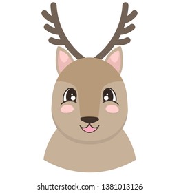 Portrait of cute white deer in cartoon style. Vector illustration