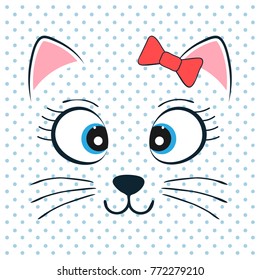 Portrait Cute white kitten with pink bow. T-shirt design for kids. Greeting card. Vector illustration.
