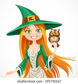 Portrait of a cute witch with a familiar owlet