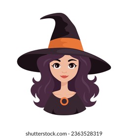 Portrait of cute witch in hat. Cartoon character for Halloween design. Isolated vector illustration 