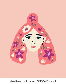 Portrait of cute woman with flowers. Avatar of European female character. Vector illustration for postcards, posters, social network. Concept of mental health and psychology.