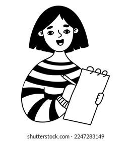 Portrait cute woman with notepad and pen. Vector illustration. Linear hand drawn doodle. Modern business woman character