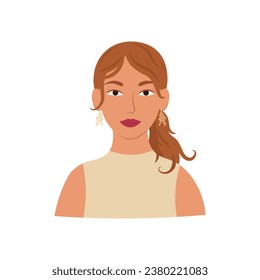 Portrait of a cute woman, with a stylish hairstyle, accessories and a smile. Modern female avatar on a white background. Flat vector illustration.	
