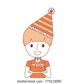 portrait cute young boy holding birthday cake wearing party hat