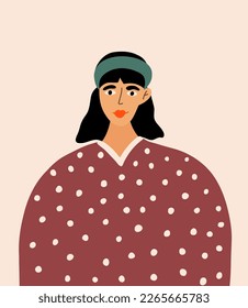 Portrait cute young brunette woman in dress with polka dot print. Vector illustration in cartoon style. Girl avatar.