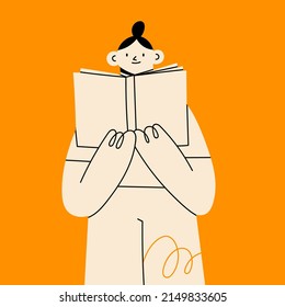 Portrait of cute young lady standing and holding an open Book. Abstract cartoon character. Hand drawn modern Vector illustration. Love reading books, education, knowledge concept