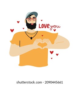 Retrato de un muchacho lindo que expresa amor y hace un corazón con los dedos. Ilustración vectorial plana con una persona y le encanta la frase en un fondo blanco