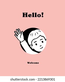 Portrait of cute young man looking out of hole. Smiling millennial boy peep from opening. Joyful say hi. Fun and surprise concept. Landing page. Simple graphic, line art. Trendy vector illustration.