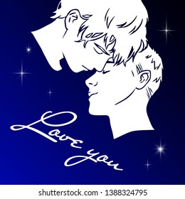 Portrait of cute young men on cosmic background. Gay couple. LGBT relationships. Vector illustration for Valentine's Day. 