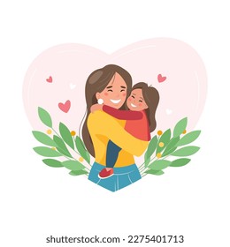 Retrato de una linda joven madre abrazando a su hija con amor. Madre sostiene a su hija pequeña. Ilustración vectorial en estilo plano