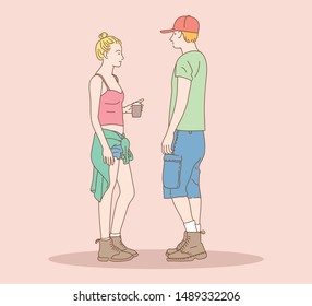 Portrait of cute young students couple wearing casual hand drawn style vector doodle design illustrations.