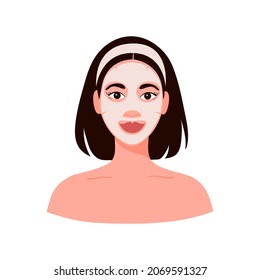 Portrait cute young  woman with a cosmetic mask on her face isolated on white background. Trendy vector illustration