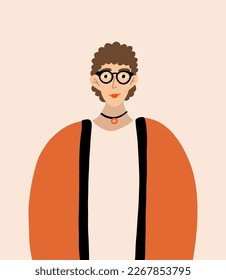 Portrait cute young woman in glasses with curls. Vector illustration in cartoon style. Spring postcard. 