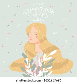 Portrait of cute young woman in pastel colors. Vector doodle flat illustration. Cartoon style, poster print. Vector hand drawn illustration, face, international women day, spring, flowers