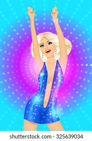 portrait of dancing queen raising her arms in night club