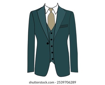 Retrato de esmoquin verde oscuro y corbata marrón sobre fondo blanco. Tema de moda de la ropa formal de los hombres.